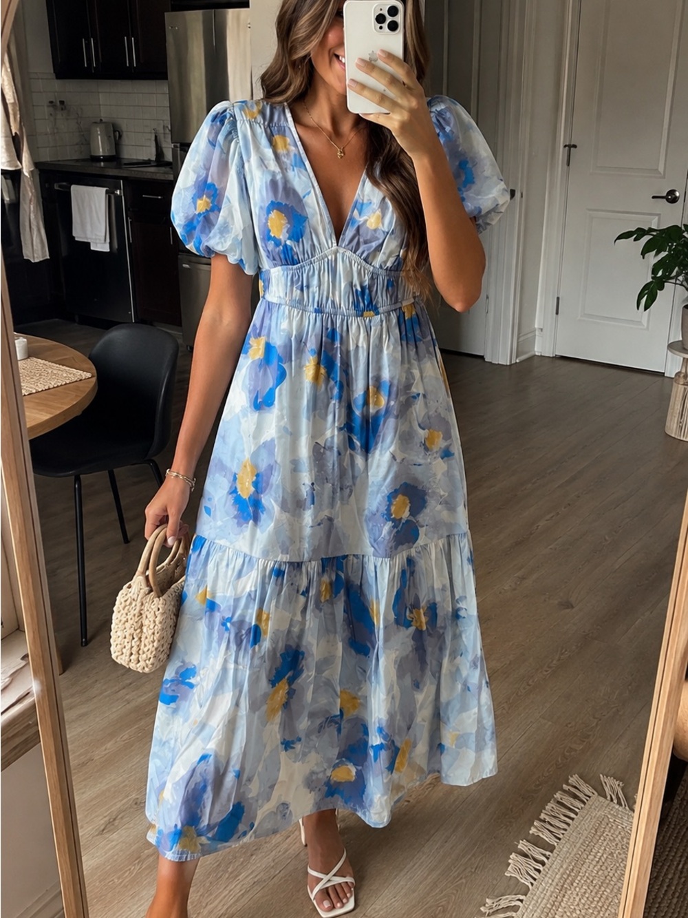 Jessica Simpson Blue and Yellow Floral Midi Dress | Size S